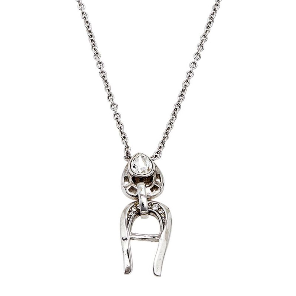 Aigner Silver Tone Crystal Logo Drop Pendant Necklace